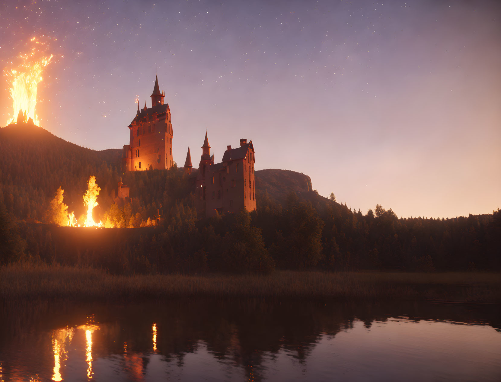 Majestic castle by lake at dusk with volcanic eruption in background