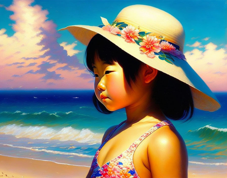 Young girl in floral hat against vibrant seascape at sunset