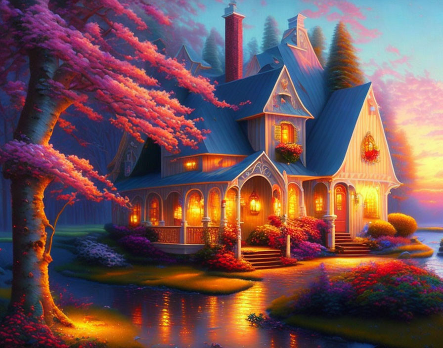 Victorian-style house at twilight with illuminated windows and pink flowering trees by tranquil pond