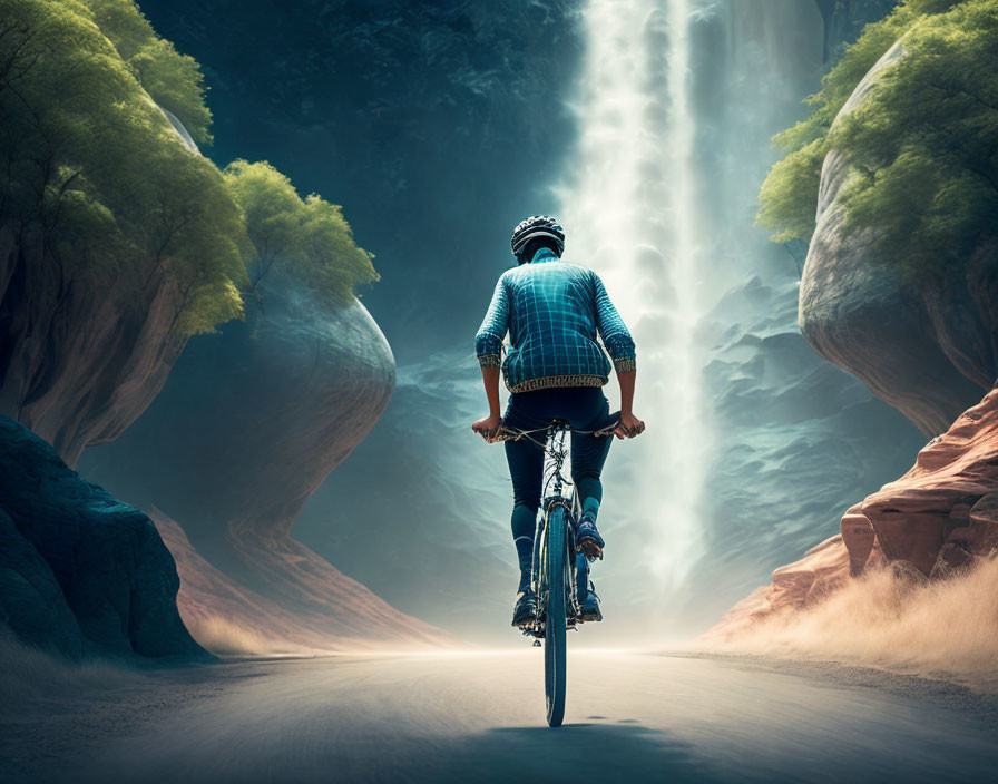 Cyclist riding towards waterfall in canyon under sunlit sky