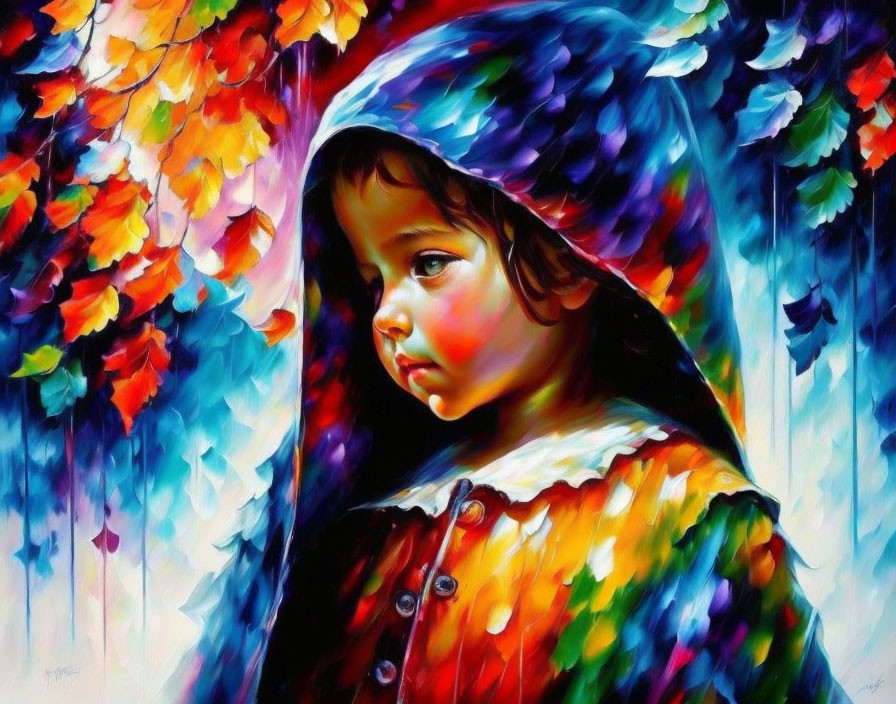 Colorful painting of young girl in blue cloak among autumn leaves