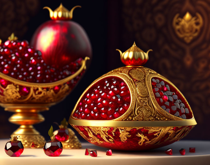 Golden bowl with pomegranate seeds, crown-lidded fruit, and gemstones on emb