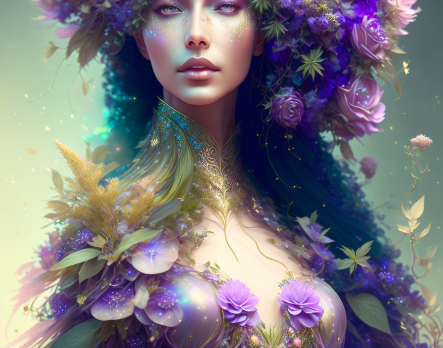 Portrait of a woman with lush flowers and leaves, exuding ethereal beauty