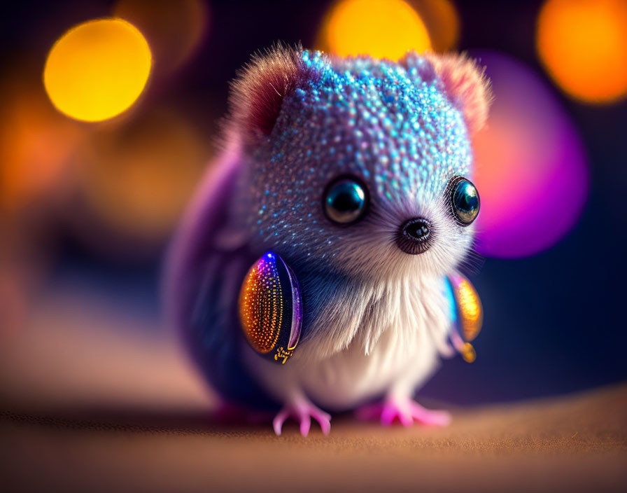 Illustration: Small furry creature with blue fur and golden headphones on bokeh light background