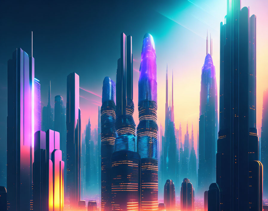 Neon-lit cyberpunk cityscape at twilight