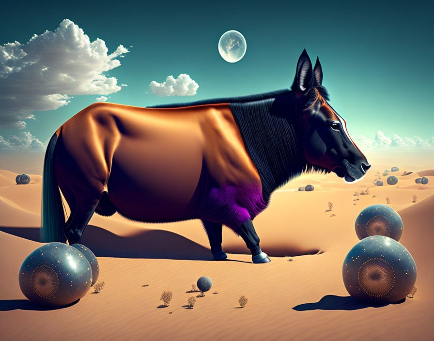 Surreal horse with round body, moon, desert dunes.