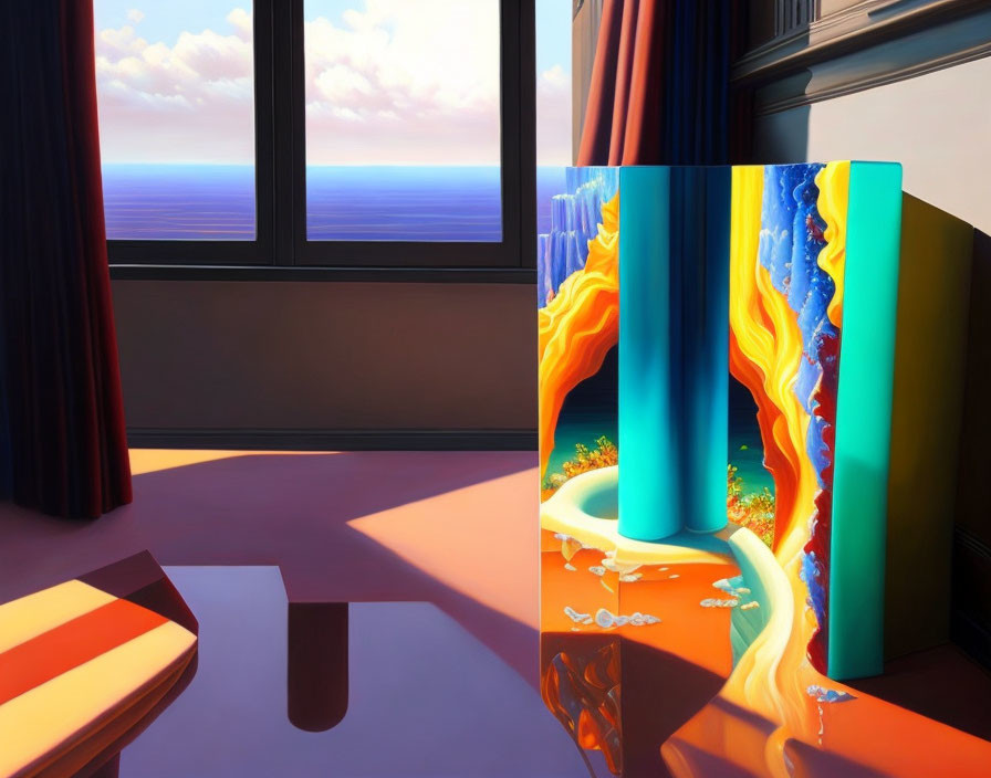 Surreal melting sculpture in vibrant colors by sea-view window