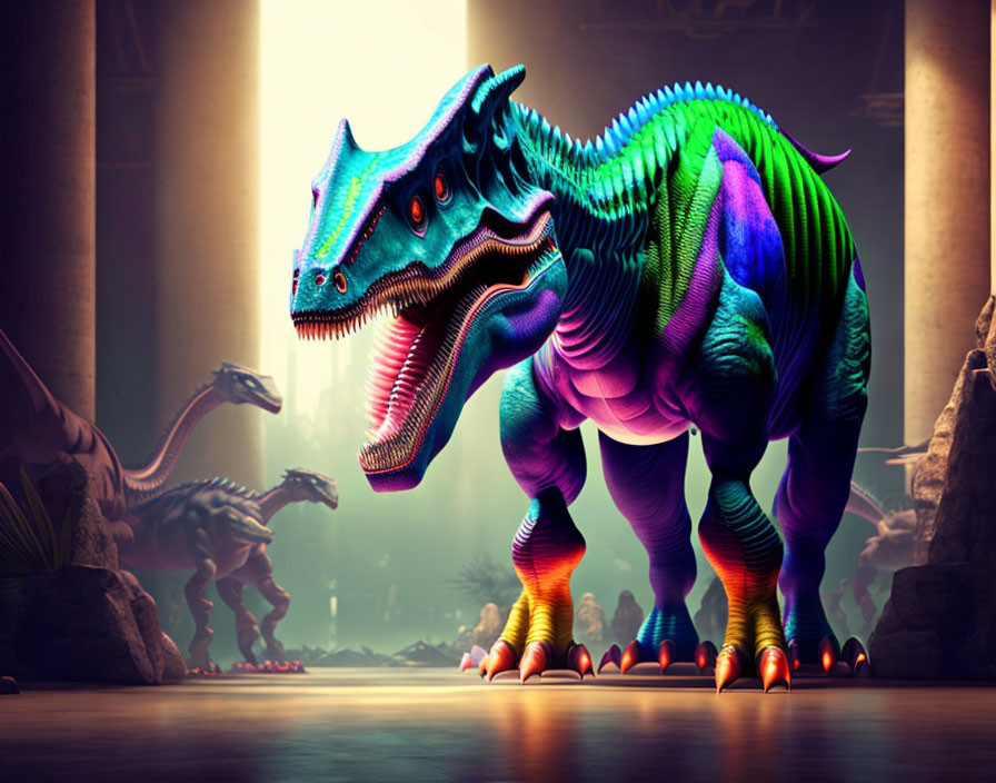 Colorful Dinosaur Illustration in Prehistoric Scene