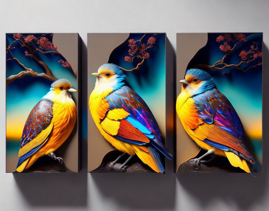 Stylized bird canvas prints with vibrant colors and modern design