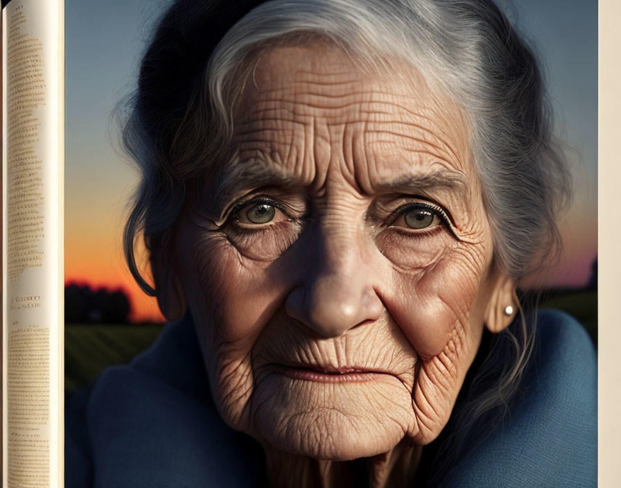 Elderly woman with deep wrinkles and piercing eyes against twilight sky backdrop and open book edge.