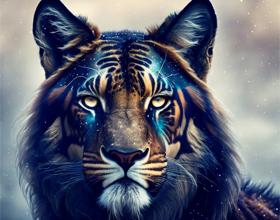 Colorful Tiger Face with Cosmic Patterns on Starry Background