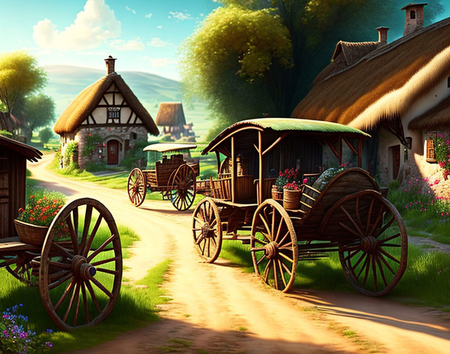 Rustic village scene with thatched cottages and wooden wagons in sunny setting