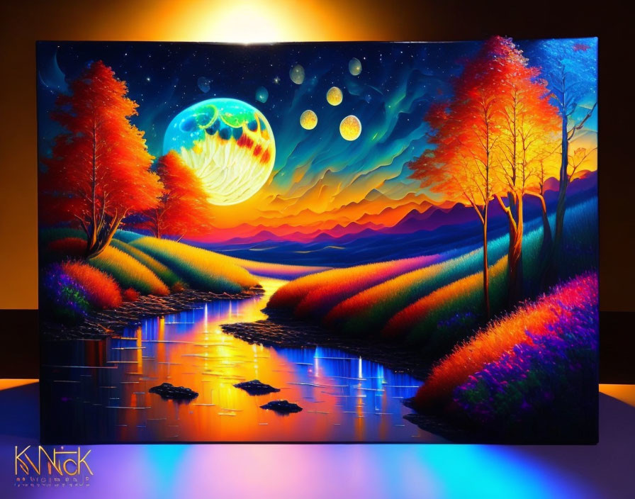 Colorful Fantasy Landscape with Fiery Trees, Luminous River, and Celestial Night Sky