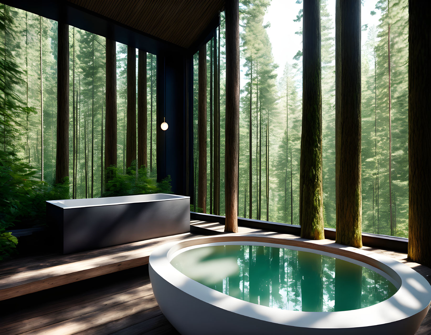 Spacious bathroom with freestanding tub and forest view