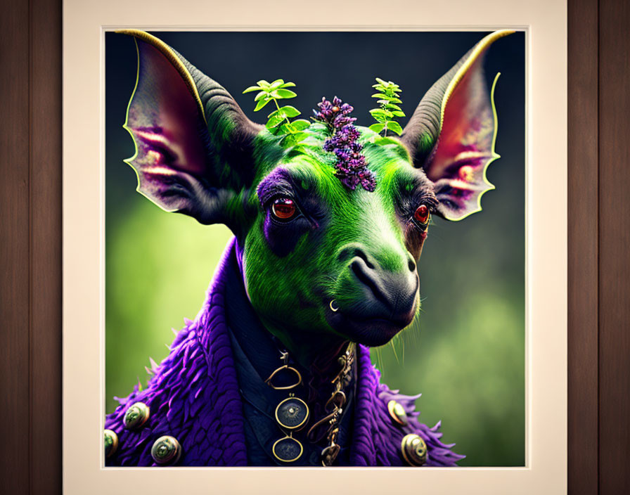 Green-skinned fantasy creature with purple ears, golden eyes, floral crown, purple attire, and gold