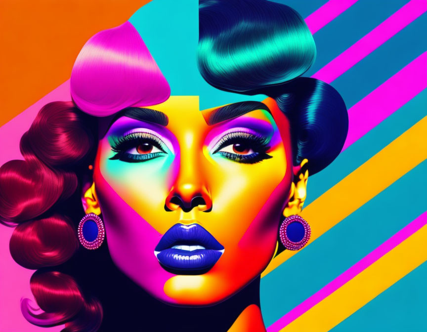 Colorful digital portrait of a woman with multicolored hair and makeup on neon striped backdrop