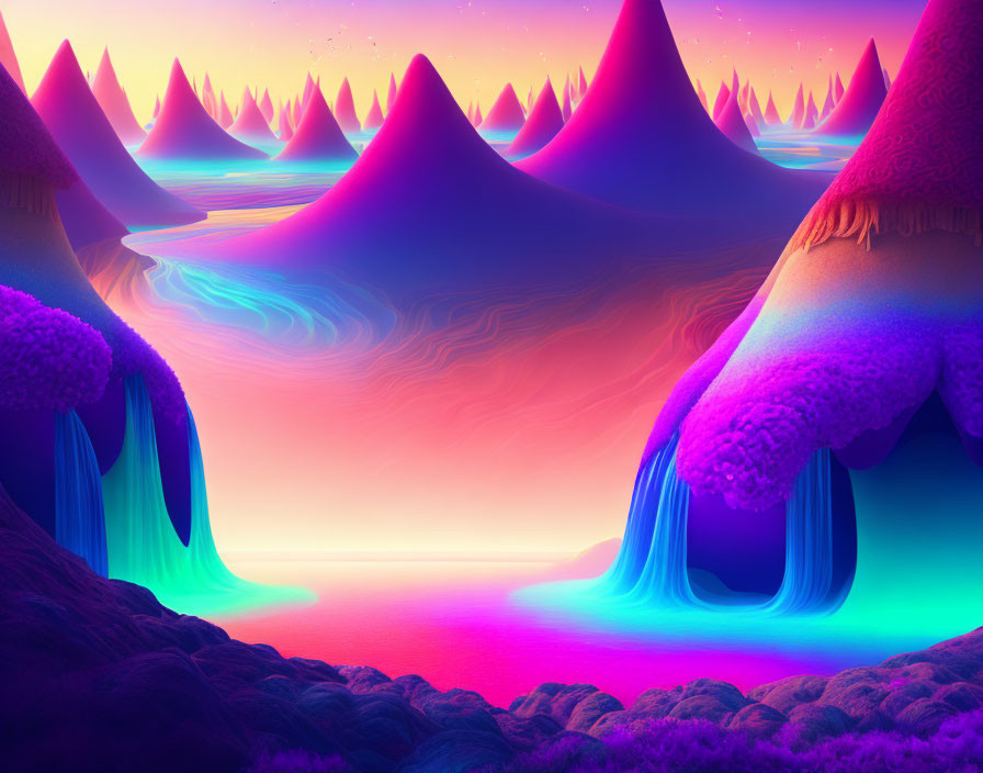 Surreal neon landscape with waterfalls, hills, and peaks