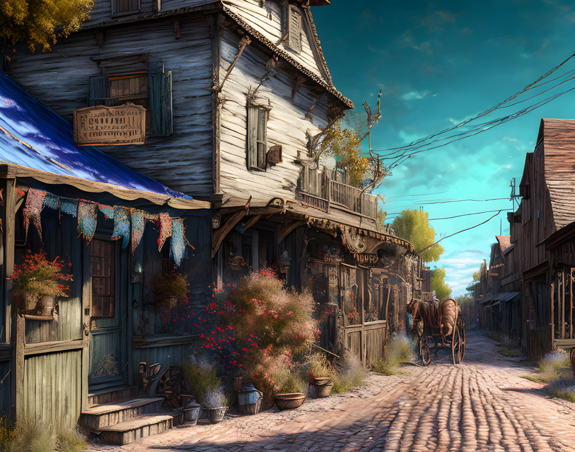 Rustic Old Town Street with Cobblestones and Wooden Buildings