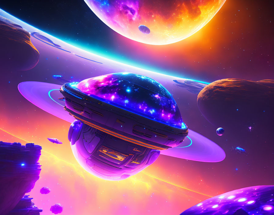 Colorful spaceship with transparent dome amidst cosmic planets and nebulae