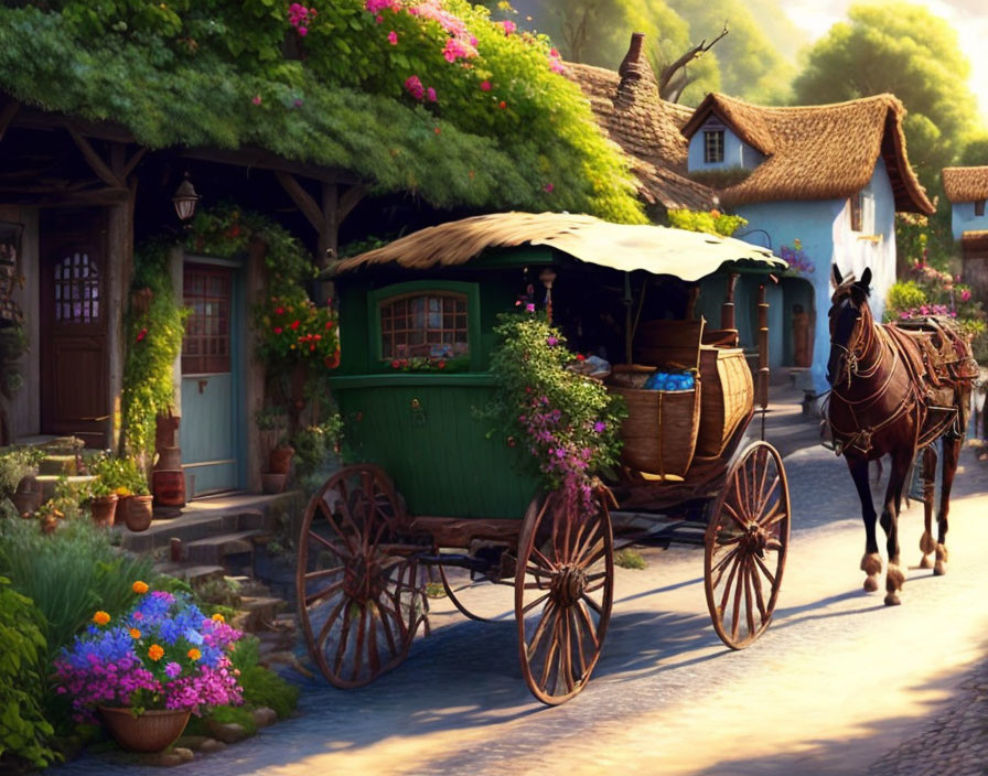 Flower-adorned horse-drawn carriage in quaint village setting