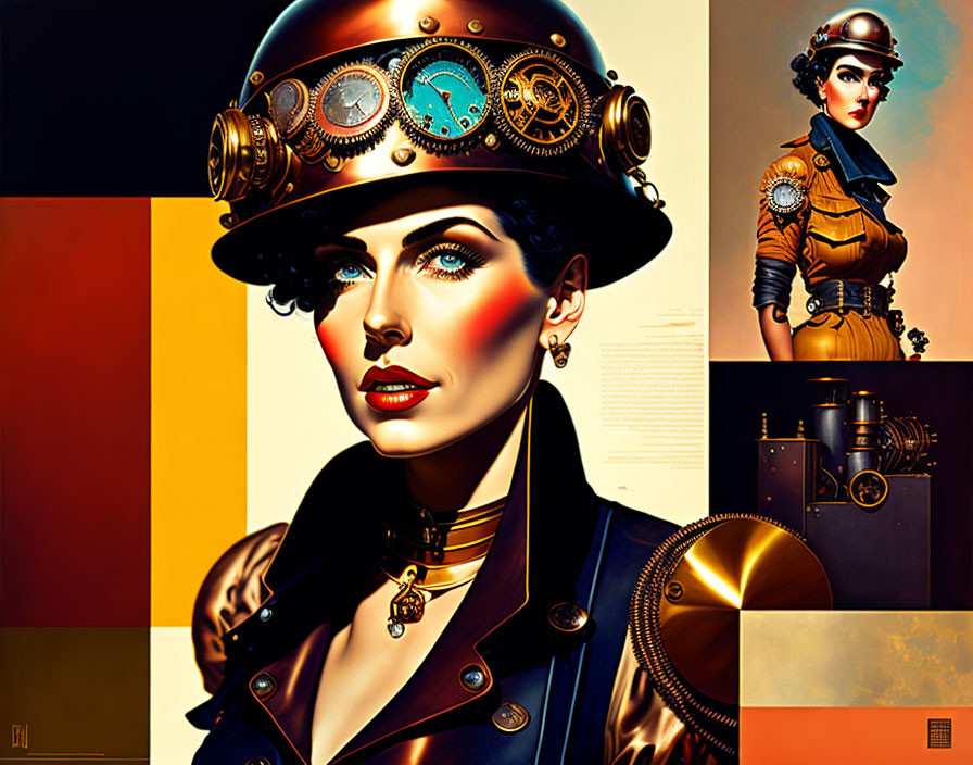 Stylized artwork of woman in steampunk helmet and outfit against abstract steam engine background