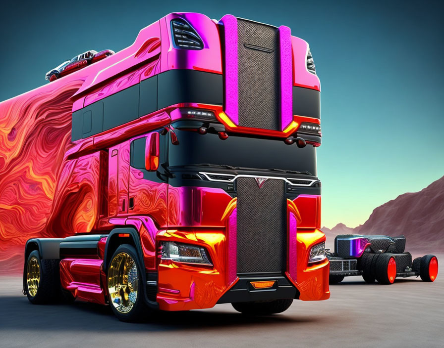 Futuristic Pink and Black Truck with Neon Highlights and Golden Wheels in Desert Landscape