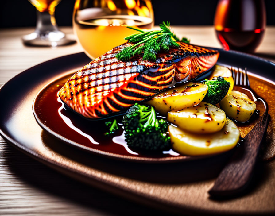 Grilled Salmon with Rosemary, Potatoes, Broccoli, and Wine on Dark Plate