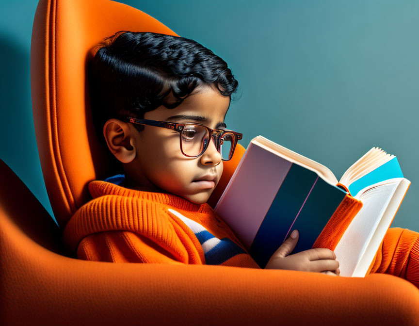 Child reading book in glasses on orange chair, blue background