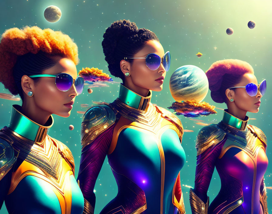 Three futuristic women with afro hairstyles in tight suits and sunglasses against cosmic backdrop.