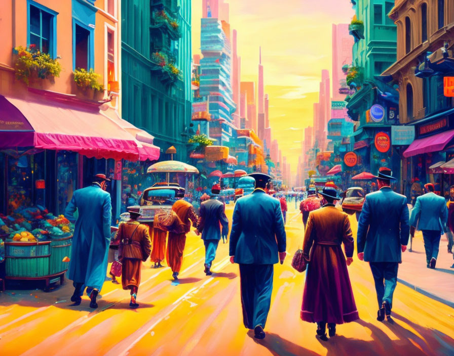 Colorful cityscape with vintage-clad people and futuristic buildings.