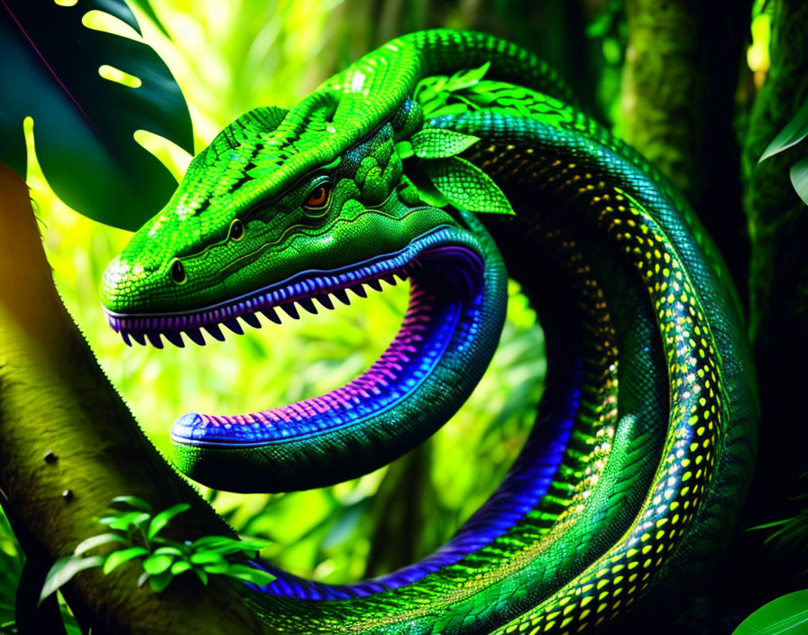 Colorful digital artwork: Serpent on branch with vibrant green, blue, purple, and yellow scales