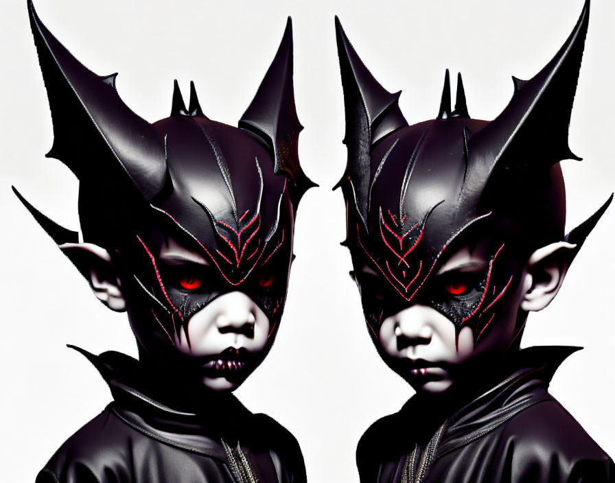 Two figures with demonic makeup and black horns and red eyes on light background