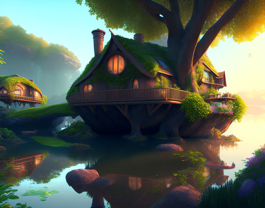 Thatched Roof Treehouse Amid Greenery and Waters