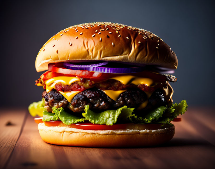 Double cheeseburger with lettuce, tomato, onion, cheddar cheese, and condiments on sesame seed