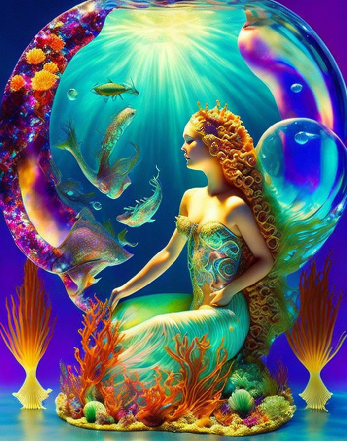 Colorful underwater scene with mythical mermaid-like creature and ornate headdress surrounded by fish and coral