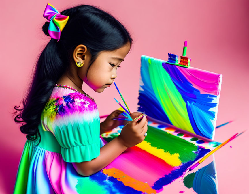 Young girl painting on canvas with vibrant colors and pink background.