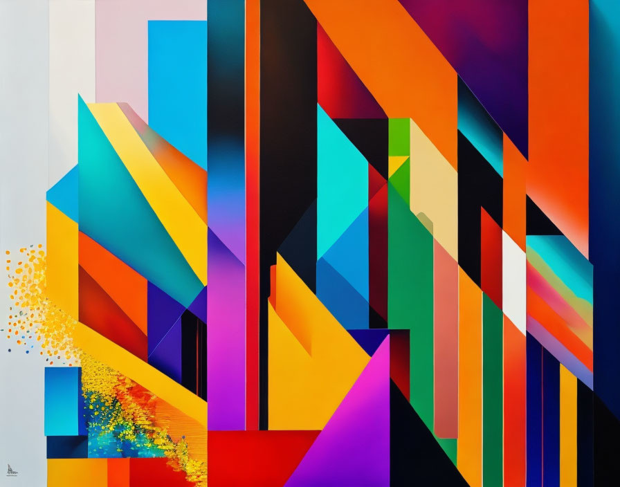 Colorful Abstract Painting with Geometric Shapes & Yellow Accents