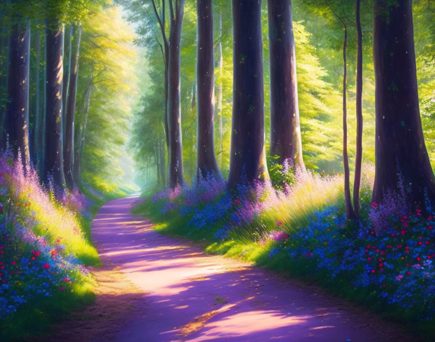 Tranquil forest path with sunlight, tall trees, and vibrant wildflowers