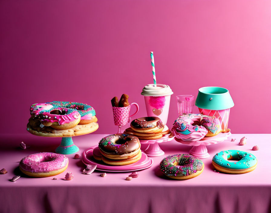 Colorful Donuts and Milkshake with Sprinkles on Pink Background