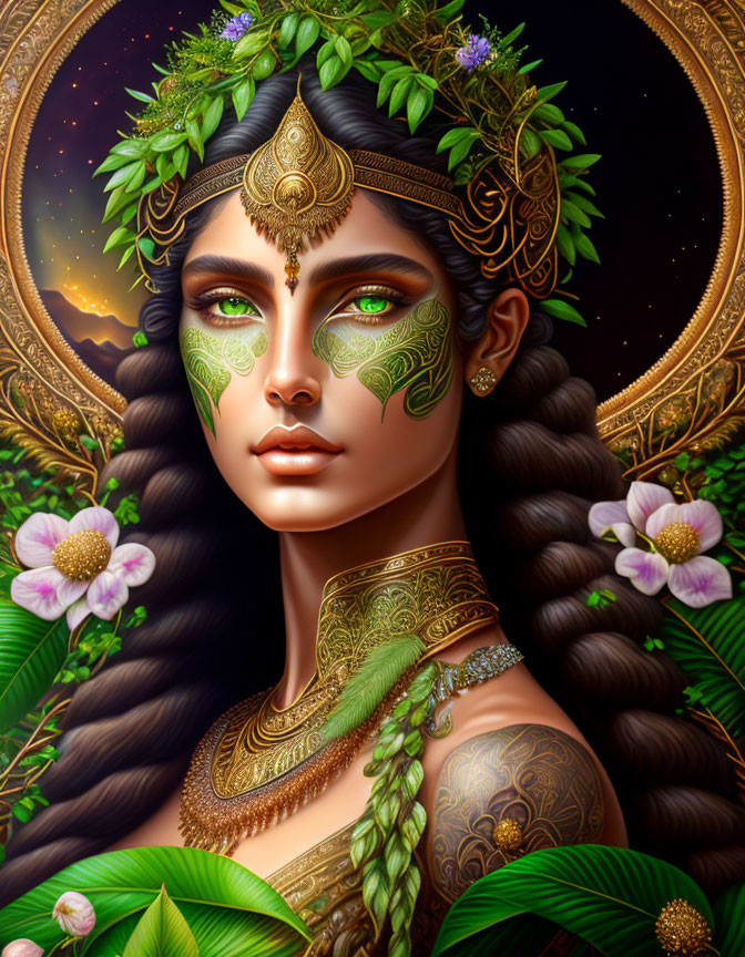 Woman with Golden & Green Nature Makeup in Floral Cosmic Scene