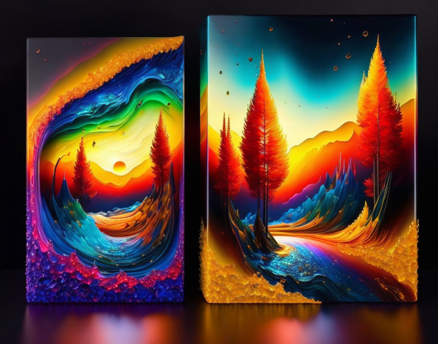 Colorful Paintings: Swirling Patterns, Autumn Trees, Mountains, Starry Sky