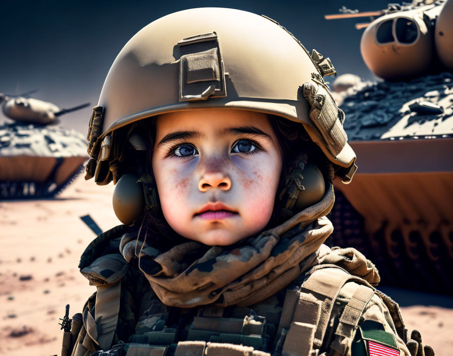 Child in military gear with helicopters and tanks in background