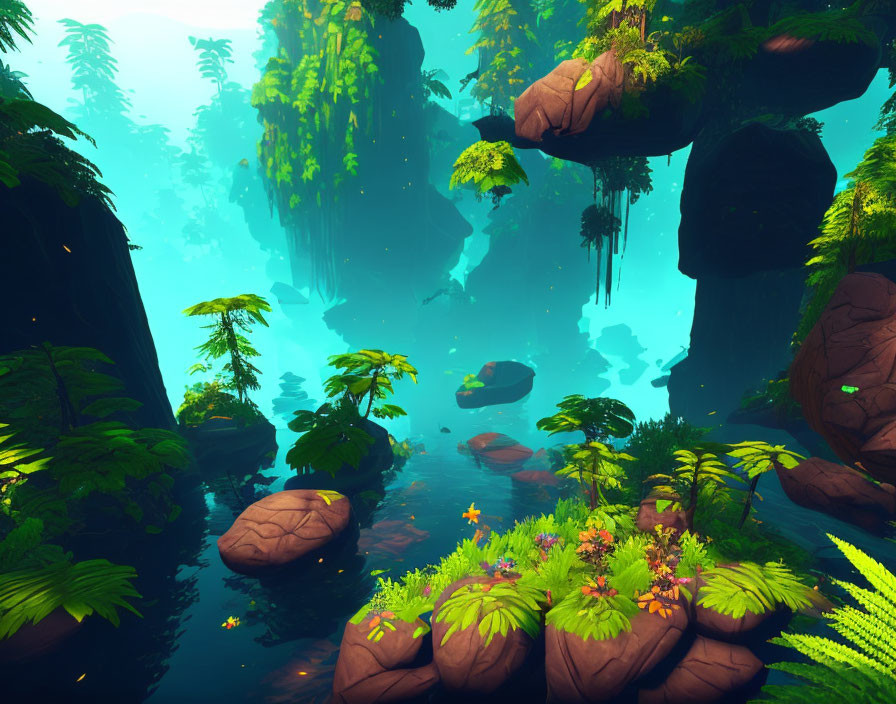 Vibrant digital fantasy jungle with towering trees and mystical ambiance