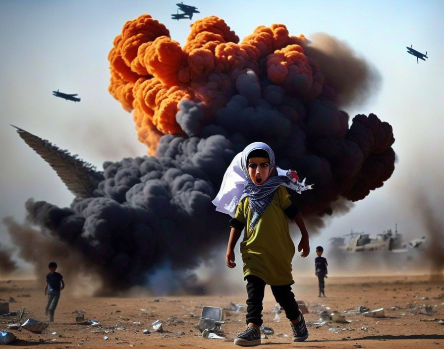 Child walking with explosion smoke and military vehicles in background