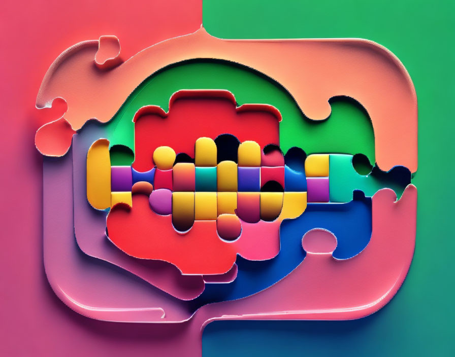 Layered paper art with puzzle-like shapes and central bar of interlocking circles in gradient hues