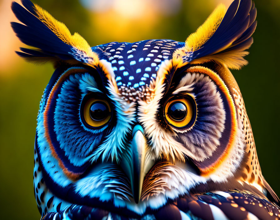 Colorful Stylized Owl with Orange Eyes and Intricate Patterns