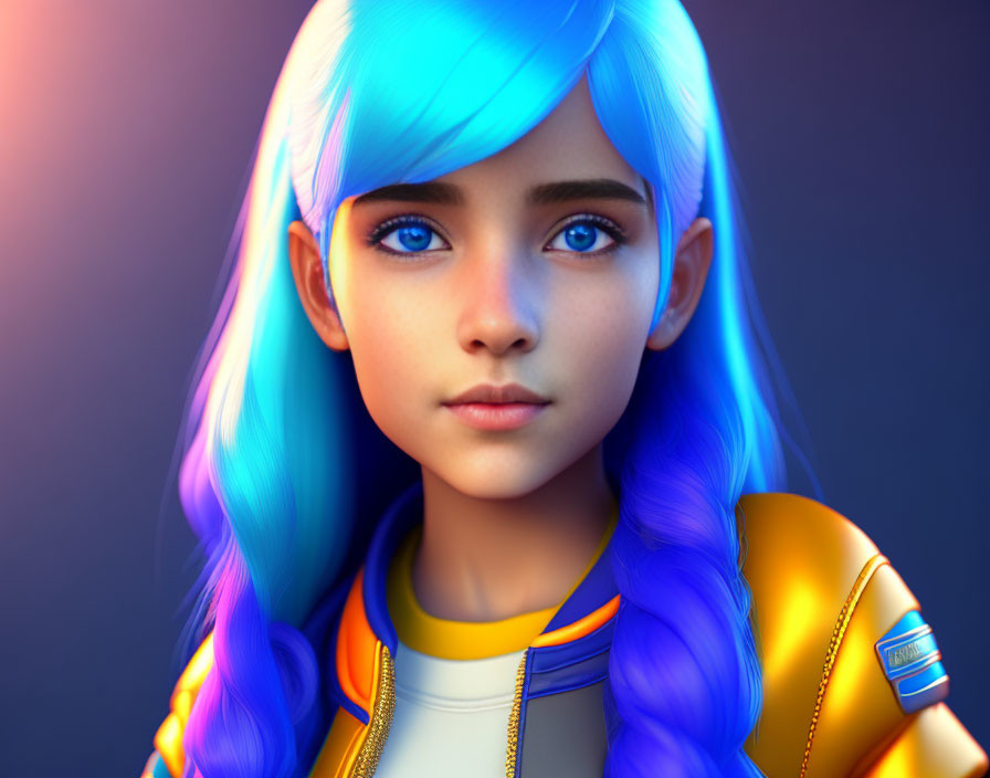 Digital Artwork: Girl with Blue Hair and Eyes in Yellow Jacket