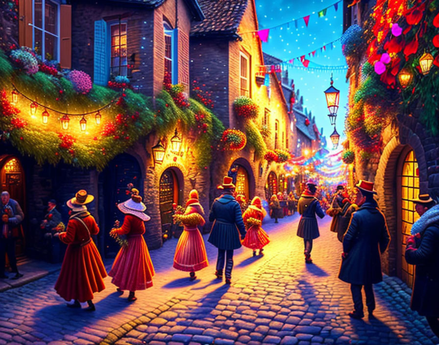 Festive cobblestone street with old buildings, colorful lights, and people in classic attire.