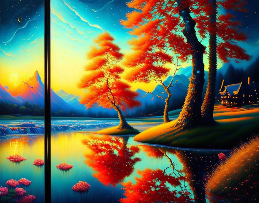 Colorful landscape painting of day-to-night transition with autumn trees, reflective lake, flowers, and mountains