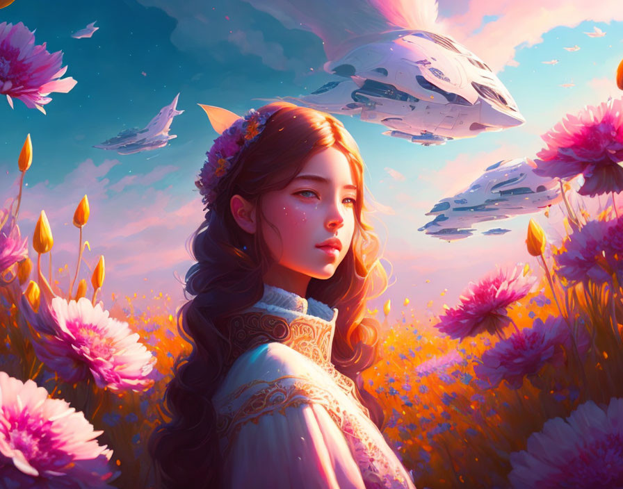 Woman with floral headpiece in fantastical field with floating ships and pink flowers at sunset